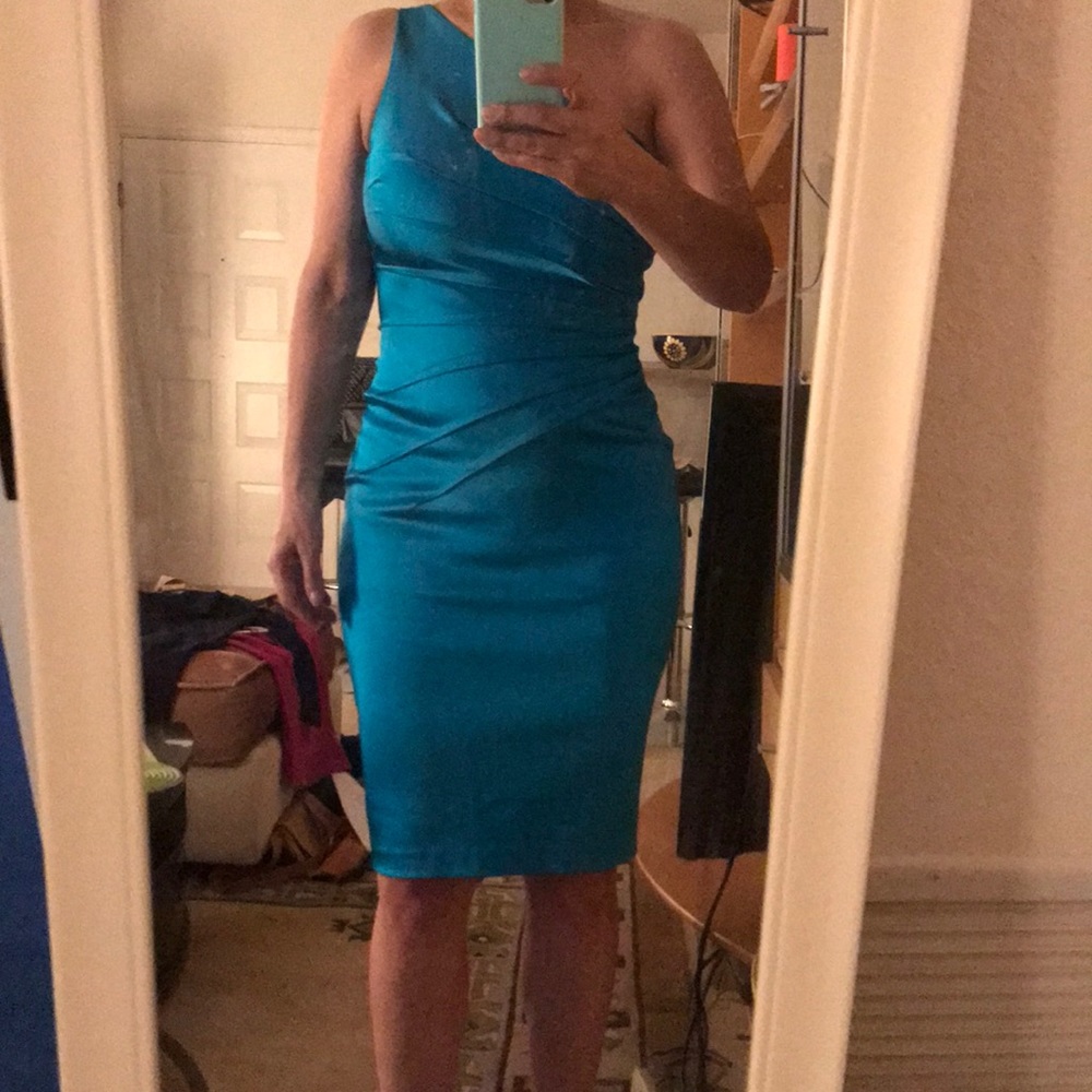 Cache one shoulder formal short dress teal